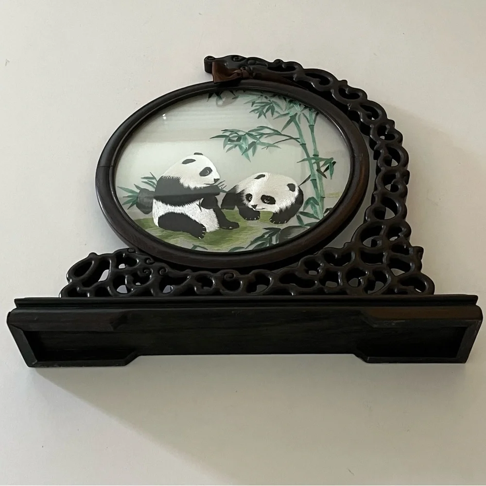 Chinese Panda Suzhou Table Silk Embroidery Double‎ Sided Wooden Screen
